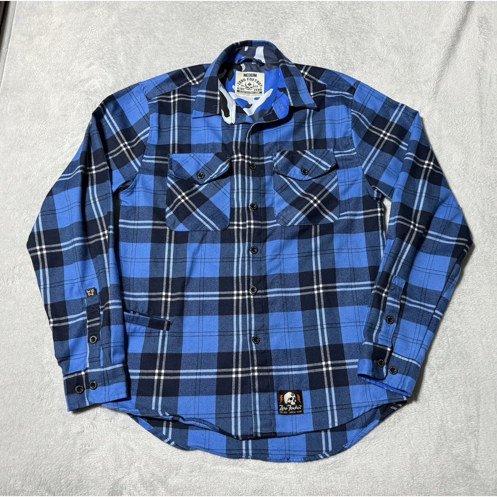 Zero Foxtrot Flannel Shirt Mens Medium Blue Plaid Long Sleeve Outdoor